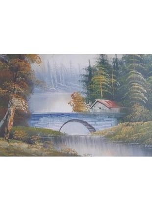 Картина речка, мост у леса. холст, масло, 2008 г.2 фото