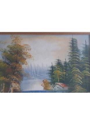 Картина речка, мост у леса. холст, масло, 2008 г.5 фото