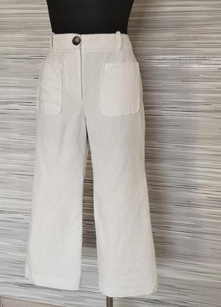 Белые широкие укороченные брюки смешанный лен2 фото