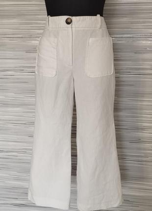 Белые широкие укороченные брюки смешанный лен9 фото