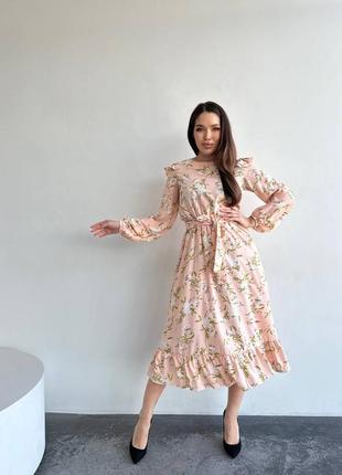 Жіноча сукня міді софт з великим квітковим принтом (розміри 42, 44, 46, 48), персикова3 фото