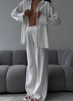 Женский льняной брючный костюм брюки и рубашка7 фото