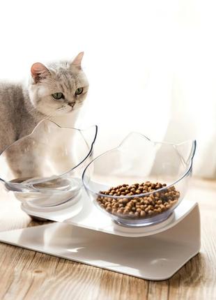 Миска для котів "з вушками" біло-прозора, подвійна миска для собак на підставці, тарілки для кота