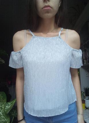 Летняя блузка нарядная, блестящая блузка с открытыми плечами, майка2 фото