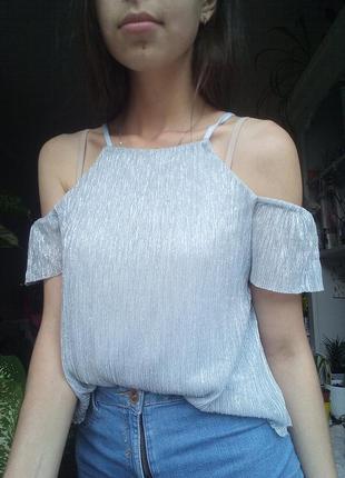 Летняя блузка нарядная, блестящая блузка с открытыми плечами, майка1 фото