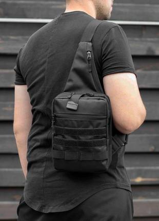 Нагрудна міська тактична сумка-слінг зі знімна кобура на липучці чорна тканинна на 4 відділа3 фото
