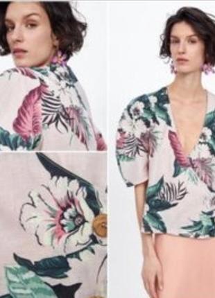Рубашка из льна в цветочный принт, льняная рубашка с вырезом в цветы из новой коллекции zara размер l