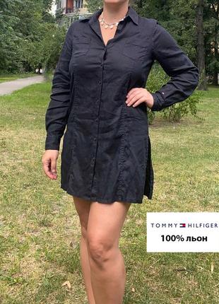 Черное платье-рубашка из 100% льна tommy hilfiger1 фото