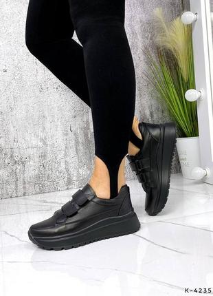 Натуральні шкіряні чорні кросівки на липучках8 фото