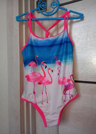 Красивый модный слитный слитный сплошной купальник фламинго matalan для девочки 4-5 лет