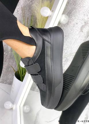 Натуральные кожаные и замшевые черные кеды - кроссовки на липучках2 фото