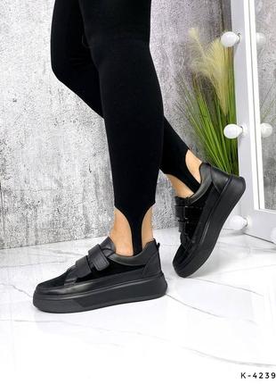 Натуральные кожаные и замшевые черные кеды - кроссовки на липучках4 фото