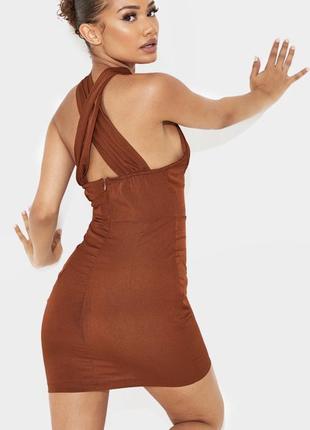 Шоколадное платье с запахом на груди4 фото