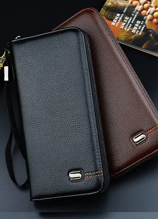 Мужской черный темно-коричневый светло-коричневый клатч кошелек на молнии с ремешком