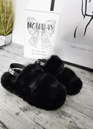 Женские меховые тапочки босоножки черные в стиле ugg6 фото
