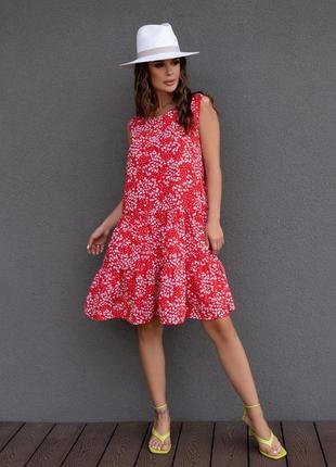 Красное цветочное платье с воланами1 фото