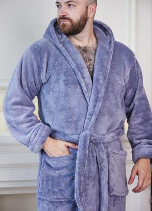 Мужской плюшевый халат велсофт длинный с двойным капюшоном мягкий теплый уютный батал большого размера однотонный изумрудный синий серый домашний9 фото