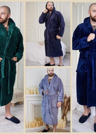 Мужской плюшевый халат велсофт длинный с двойным капюшоном мягкий теплый уютный батал большого размера однотонный изумрудный синий серый домашний2 фото