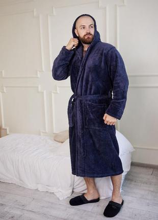 Мужской плюшевый халат велсофт длинный с двойным капюшоном мягкий теплый уютный батал большого размера однотонный изумрудный синий серый домашний6 фото