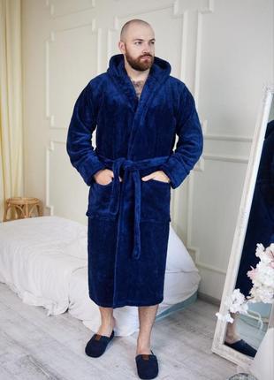 Мужской плюшевый халат велсофт длинный с двойным капюшоном мягкий теплый уютный батал большого размера однотонный изумрудный синий серый домашний1 фото