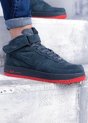 ❄️nike air force winter grey/red❄️кроссовки мужские замшевые, серые/красные найк зимние