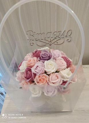 Букет із мильних троянд в коробці "сріблясті барви"2 фото