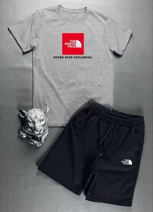 Костюм зе нот фэйс the north face футболка с принтом на груди шорты с карманами комплект черный белый серый мужской из хлопка