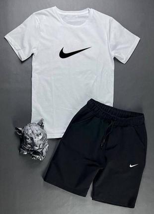 Костюм футболка с крупным принтом нашивкой найк nike на груди шорты с карманами комплект из хлопка черный белый серый базовый мужской стильный