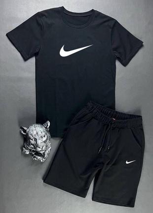 Костюм футболка з великим принтом нашивкою найк nike на грудях шорти з карманами комплект з бавовни чорний білий сірий базовий чоловічий стильний