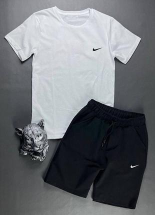 Костюм футболка с принтом нашивкой найк nike на груди шорты с карманами комплект из хлопка черный белый серый базовый мужской трендовый8 фото