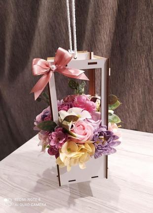 Букет из мыльных роз в деревянной коробке "фонарик"_21 фото