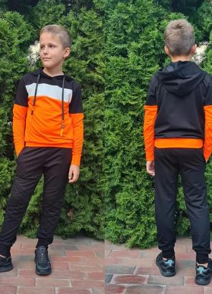 Детский спортивный костюм для мальчика оранжевый с черным, полоска, pleses, размер 146