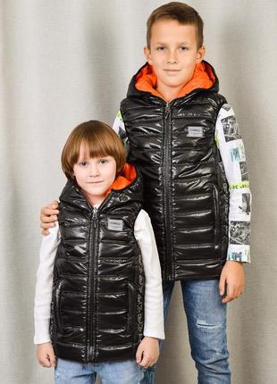Детские двусторонние жилетки для мальчиков и девочек, модель pl, цвет черная с оранжевым, размеры 98-1166 фото