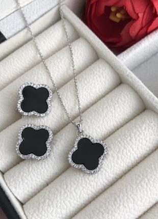 Комплект клевер, набор ванклиф, van cleef колье, подвеска с камнями, под серебро, серьги с камнями, новинка, конюшина