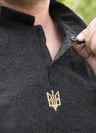 Черная льняная мужская вышиванка с гербом, рубашка с орнаментом с коротким рукавом