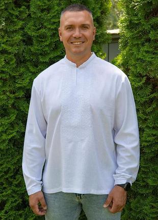Льняная мужская  вышиванка с длинным рукавом, белая льняная рубашка