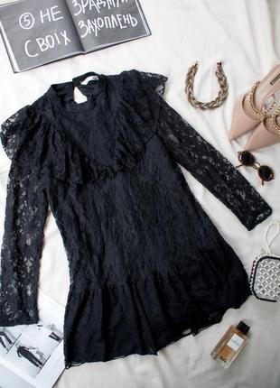 Брендовое черное кружевное платье мини с рюшами гипюр от zara5 фото