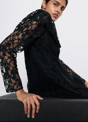 Брендовое черное кружевное платье мини с рюшами гипюр от zara3 фото