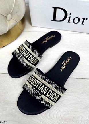 Шльопанці christian dior темно сині (чорні) шльопки слайдери сланці низький хід танкетка сандалі босоніжки текстиль текстильні тапки капці літні літо
