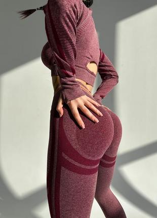 Бесшовный женский костюм для спорта и фитнеса sport красное вино, бордо (рашгард, леггинсы)
