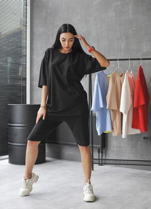 Жіночий спортивний однотонний костюм oversize двонитка чорний шорти і футболка combo2 фото