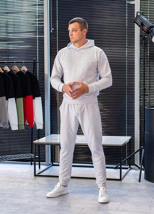 Мужской спортивный однотонный костюм двунитка светло-серый худи и штаны sense