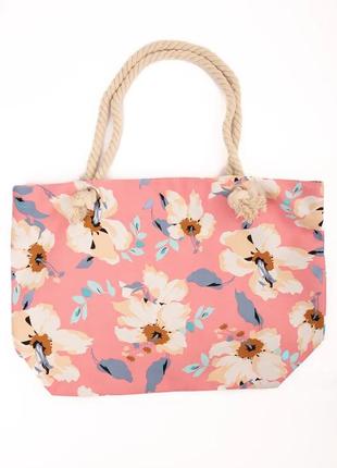 Пляжна жіноча сумка з красивим малюнком оптом і в роздріб рожева у квіти