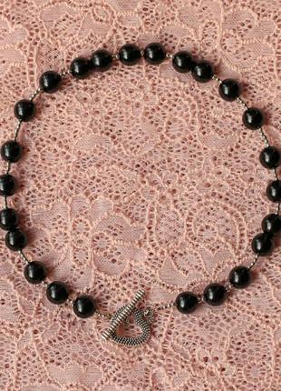 Чокер натуральный камень агат черный+застежка тог сердце d-10мм+- l-38см, цвет серебро фурнитуры