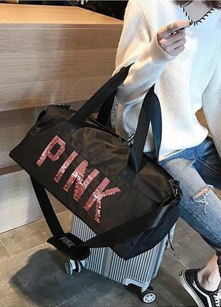 Сумка спортивная женская pink с пайетками, сумка для фитнеса с отделом для обуви черная ( код: ibs143b )7 фото