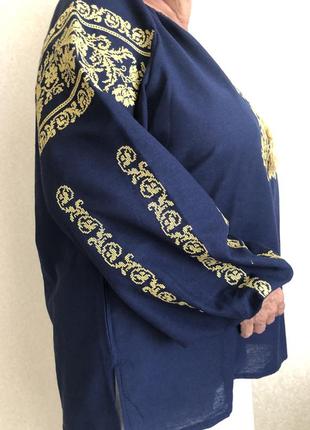 Женская вышиванка с длинным рукавом синяя лен 58-66 размер5 фото