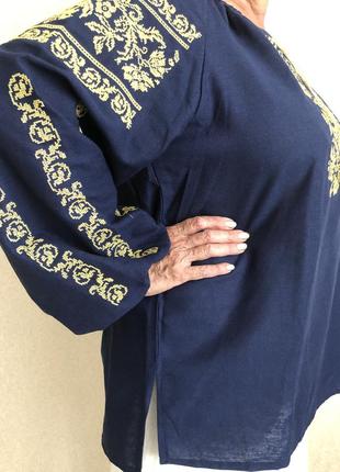 Женская вышиванка с длинным рукавом синяя лен 58-66 размер4 фото