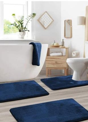 Набор ковриков в ванную - 3 шт синий, стильный, антискользящий, водопоглощающий с эффектом памяти