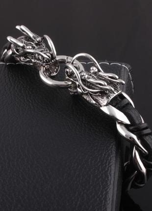 Мужской большой кожаный стальной браслет дракон сталь 316l 22 см 99 грамм5 фото