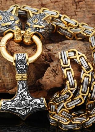 Мужская цепь ожерелье steel rage сталь gold 316l скандинавский волк молот тора 154 грамма 60 см1 фото